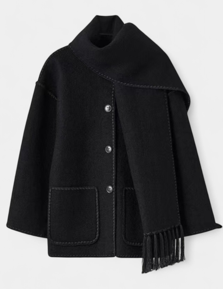 Pauline | Abrigo de Corte Suelto con Bufanda de Flecos Incorporada
