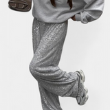 Elva Pantalones de Lentejuelas de Cintura Alta y Corte Holgado