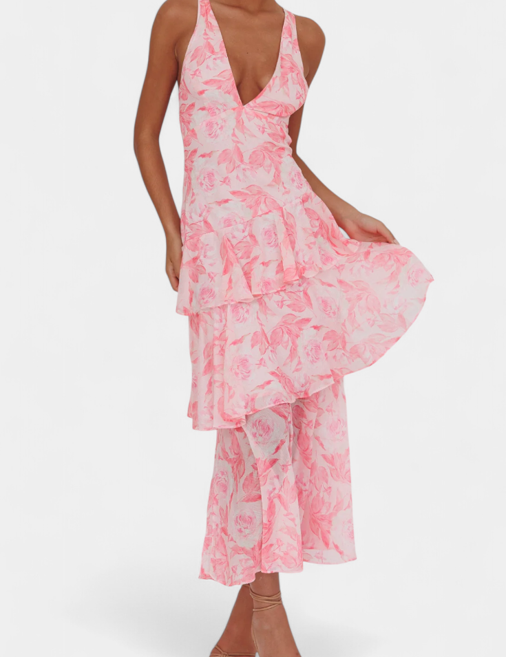 Domenica Vestido de Gasa con Escote en V y Capas Fluidas