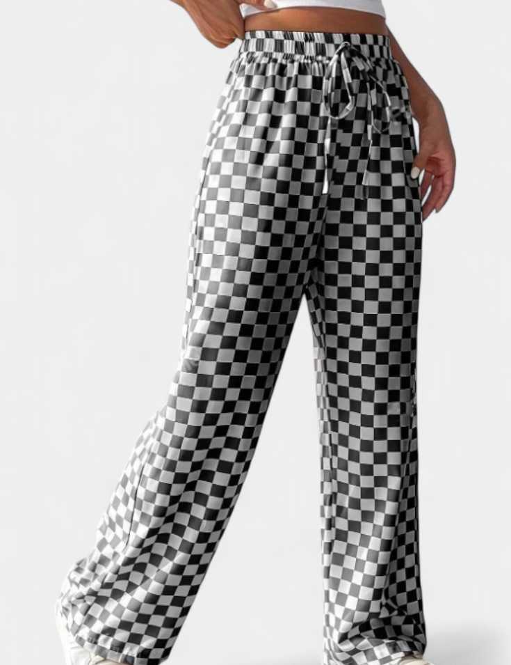 Hilaria Pantalones de Pierna Ancha con Estampado a Cuadros
