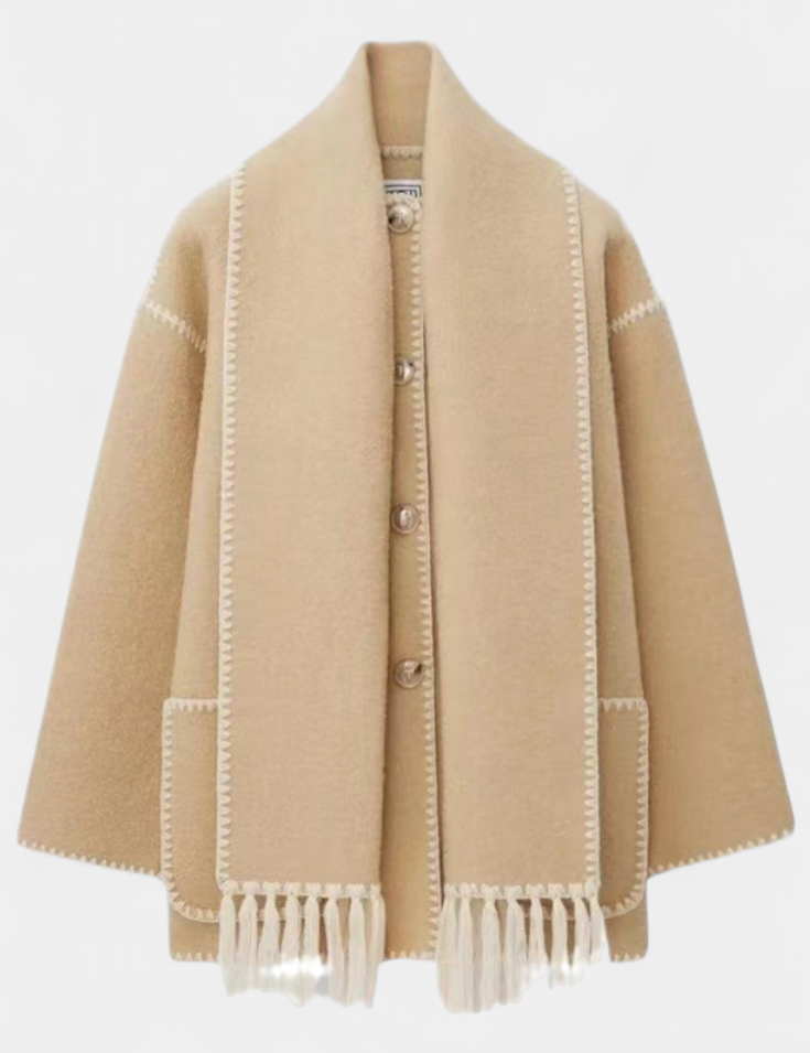 Pauline | Abrigo de Corte Suelto con Bufanda de Flecos Incorporada