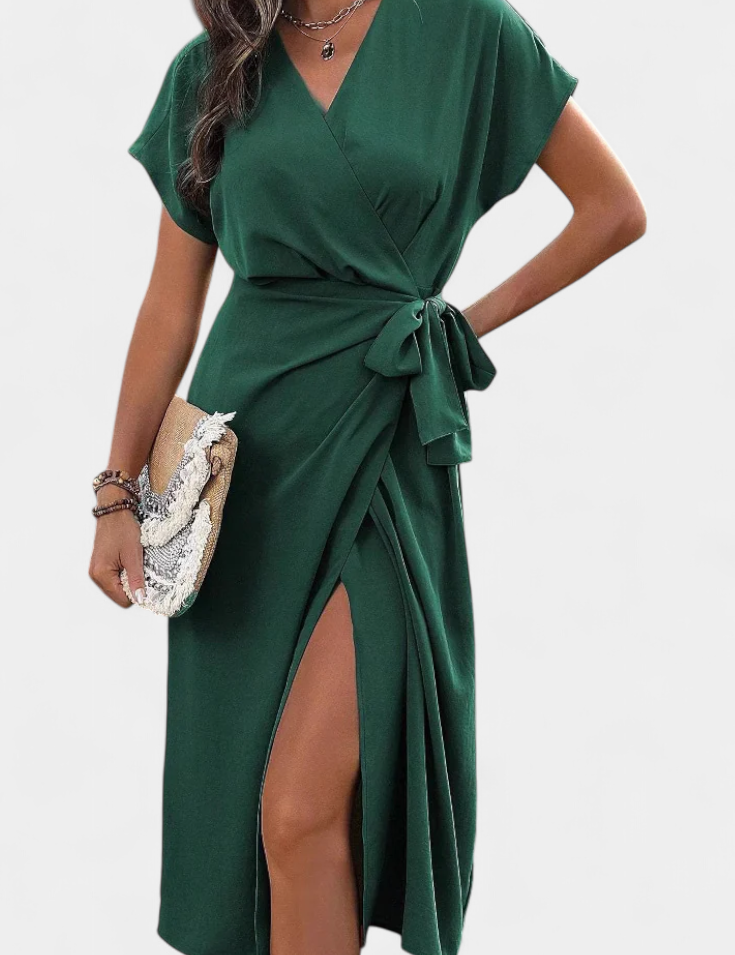 Begoña Vestido Cruzado con Cinturón y Abertura Sutil