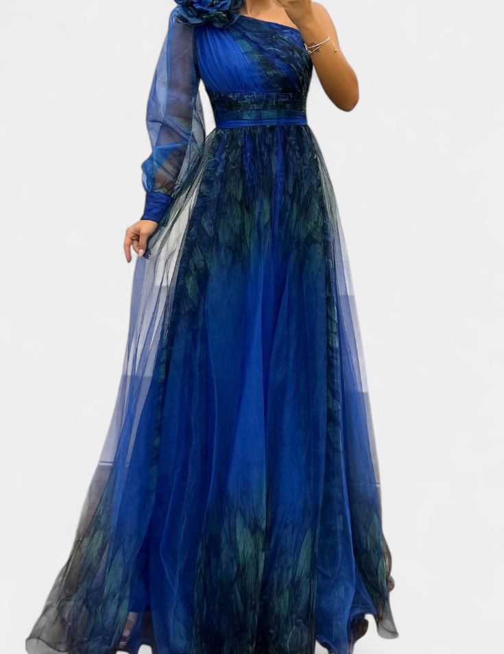 Becca Vestido Maxi de Chiffón con Hombro Descubierto y Flor Voluminosa