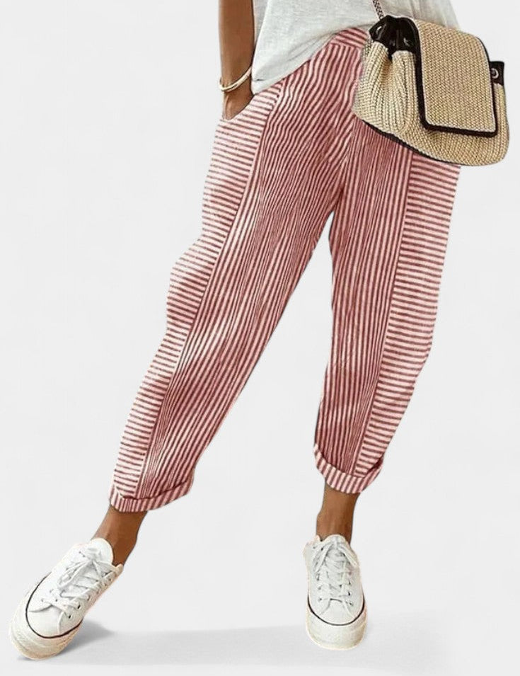 Alba Pantalones de Mezcla de Lino a Rayas
